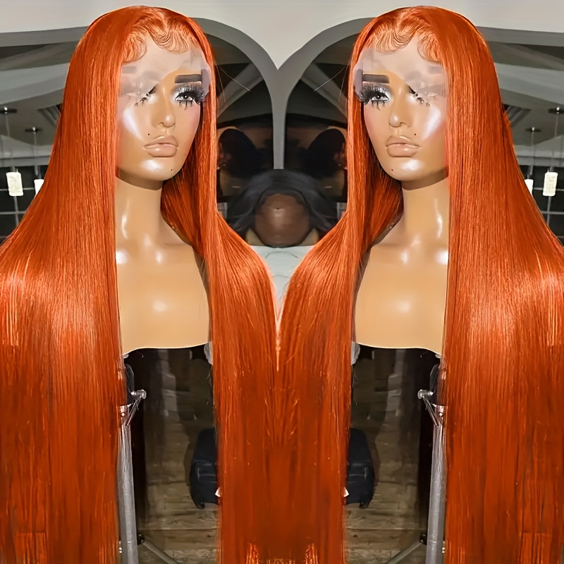 TEMU 13x4 Orange Ginger Lace Front Wig - Long Straight Synthetic Hair, 180% Density, Pre-plucked Glueless Design, Heat Resistant Fiber, Suitable For