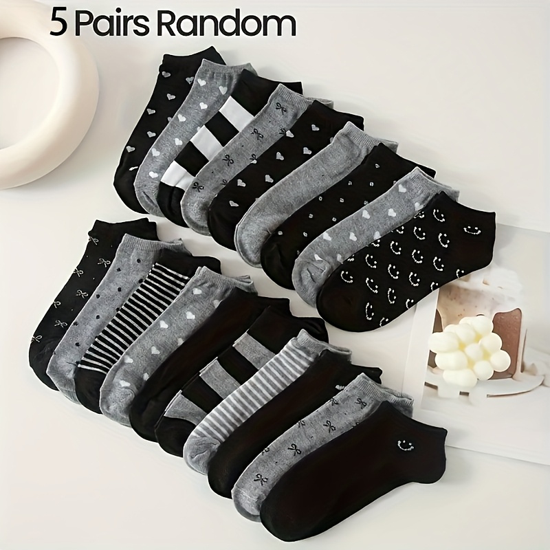 TEMU Random 5 Pairs Women's Fashionable Low-top Spring And Summer Socks, Striped Heart Dot Pattern Casual Sports Socks In Black And Gray, Easy Style