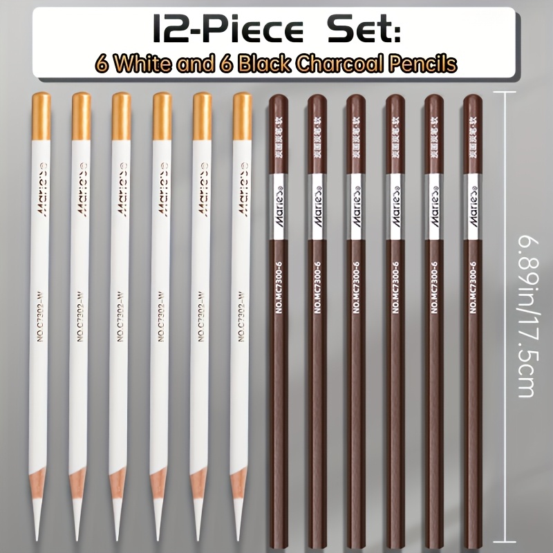 Image of 12pcs Marie's Sketching Pencil Set - Professional Black & White Charcoal Pencils Included - Perfect For Art Drawing, Sketching, Shading & Blending!