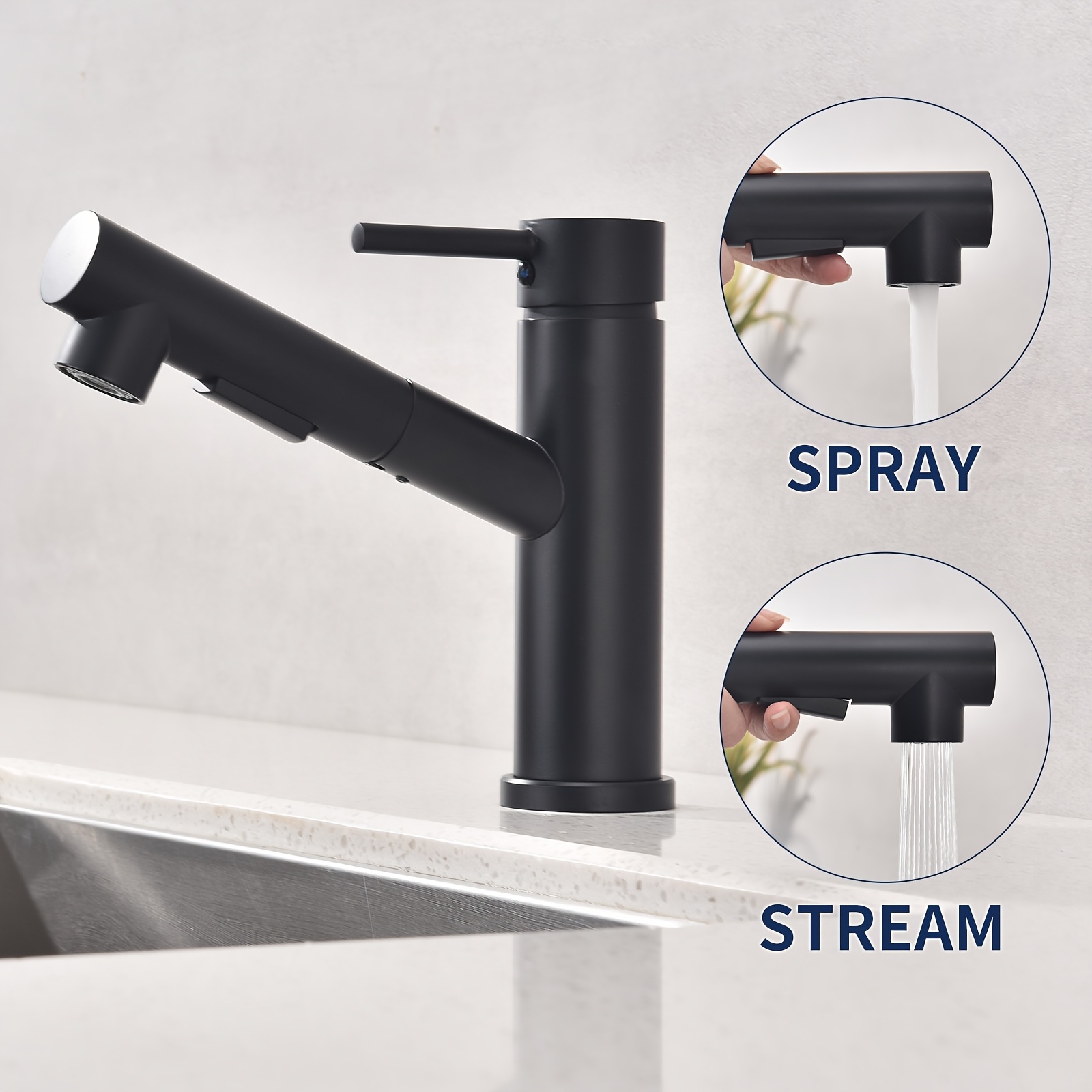 Image of A Black Basin Faucet With A Pull-out Water Tap, A Dual- Tap Made Of Stainless Steel, A Water- Bathroom Faucet.