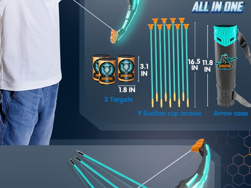 Bow And Arrow Set, LED Light Up Archery Toy Set With 9 Suction Cup Arrows, Target & Arrow Case, Indoor And Outdoor Hunting Play Gift