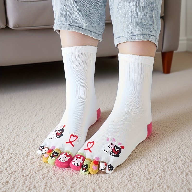 Image of 1 Pair Five-toe Socks | Breathable, Anti-slip, Moisture-wicking, Odor-resistant Knee-length Socks With Cute Cartoon Chicken Design, Rib- Fabric