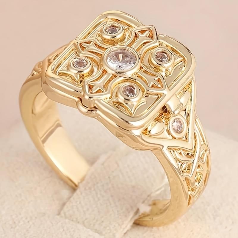 Image of Lightweight And Luxurious , Made Of Copper Material, With Cross Inlaid Shiny Synthetic Finger Ring, Hidden Couple Photos, Unique Gift