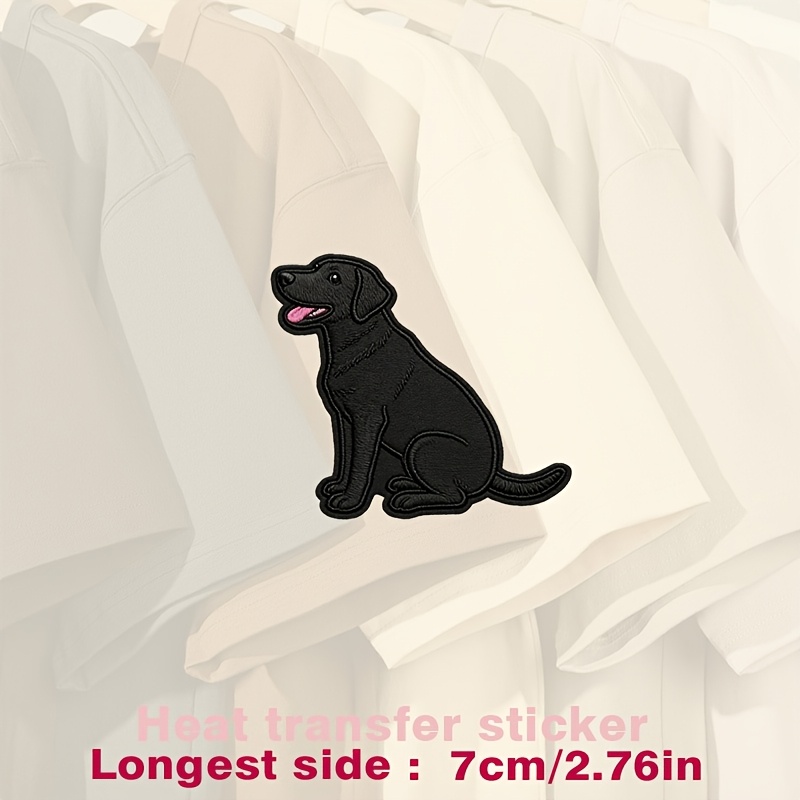 TEMU Retriever With A Pink Tongue, In A Sitting Position, On A Black Fabric Background. Features Detailed Stitching And Vibrant Colors. Heat Transfer