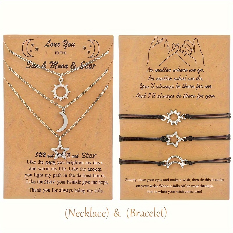 

3pcs Necklaces+3pcs Bracelets, 6pcs Bracelets And Necklace Set For Couples, Moon Sun Star Adjustable Handmade Cord Relationship Bracelets Necklaces Set