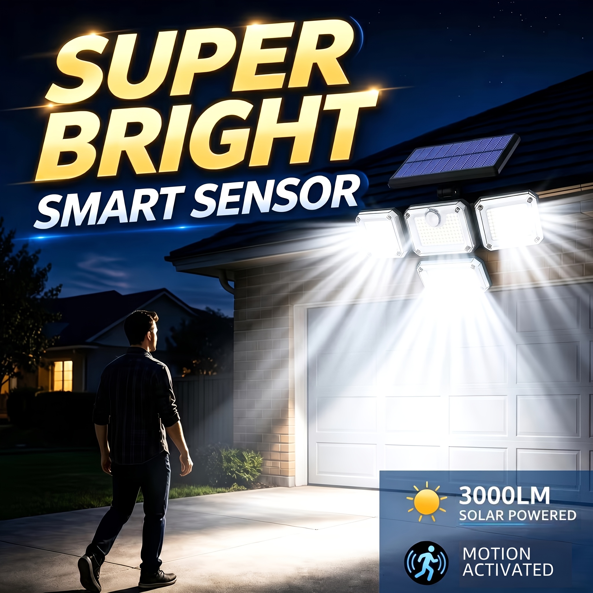 TEMU Solar Outdoor Light 3000lm 333led Safety Light With Remote Control, 4-head Motion Sensor Light, Ip44 Waterproof, 270° Wide-angle Floodlight Wall