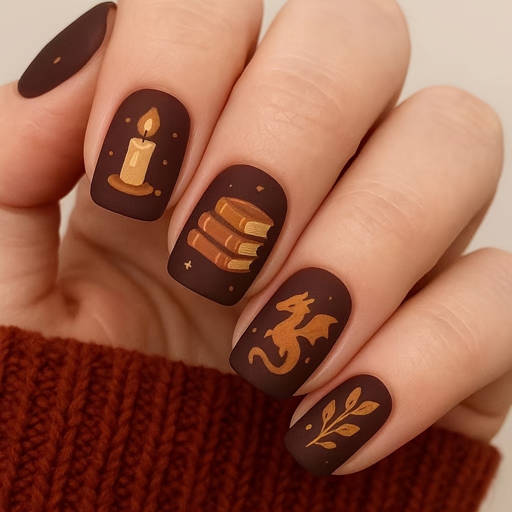 TEMU 24pcs Ongles Portables Magique Vintage, Marron Foncé Mat Bougie Livre Ongles Courts Peints à , Ambiance Automne Faux Ongles Main