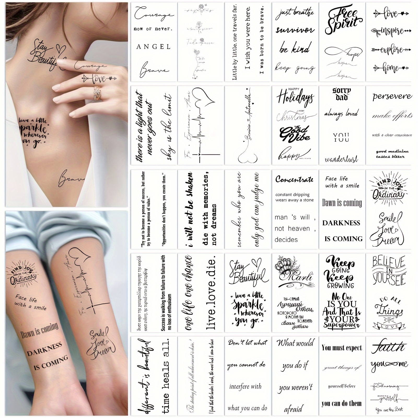 

30 Sheets Minimalism Line Art Small Black Temporary Tattoos For Women Men Adults, Slogan Letters Fake Tattoo Stickers, Black Heart Word Design Of Finger Neck Tiny Tattoos Set, Teenage Girl Stuff