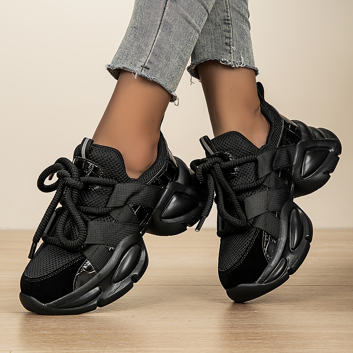 TEMU Women' Color Lace-up Low-top Sneakers, Fashionable Solid Height-increasing Shoes, Outdoor Walking Shoes, Women Shoes