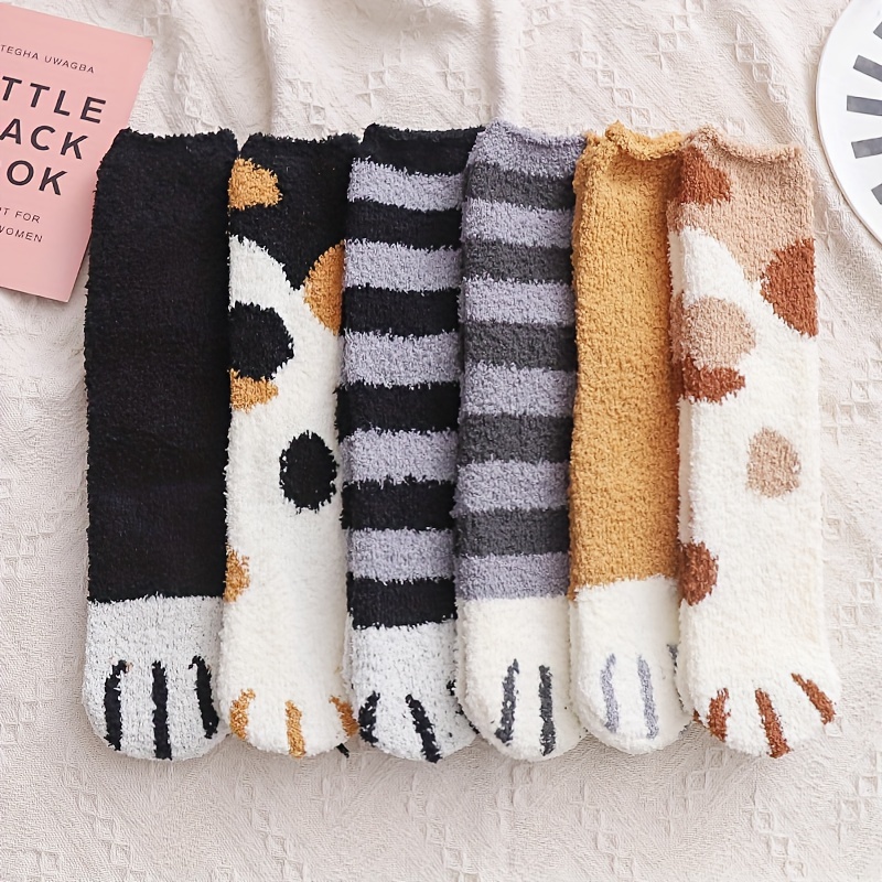 

6 Pairs Cat Paw Socks, Cute & Warm Coral Fleece Home Floor Slippers Socks For Fall & Winter, Women's Stockings & Hosiery