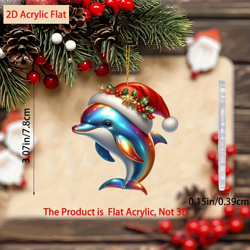 

2d Acrylic Cute Dolphin Christmas Decoration Pendant - Vibrant Rear View Mirror Accessory, Stylish Bag And Key Chain Ornament - Durable, Lightweight, And Colorful Car Accessory