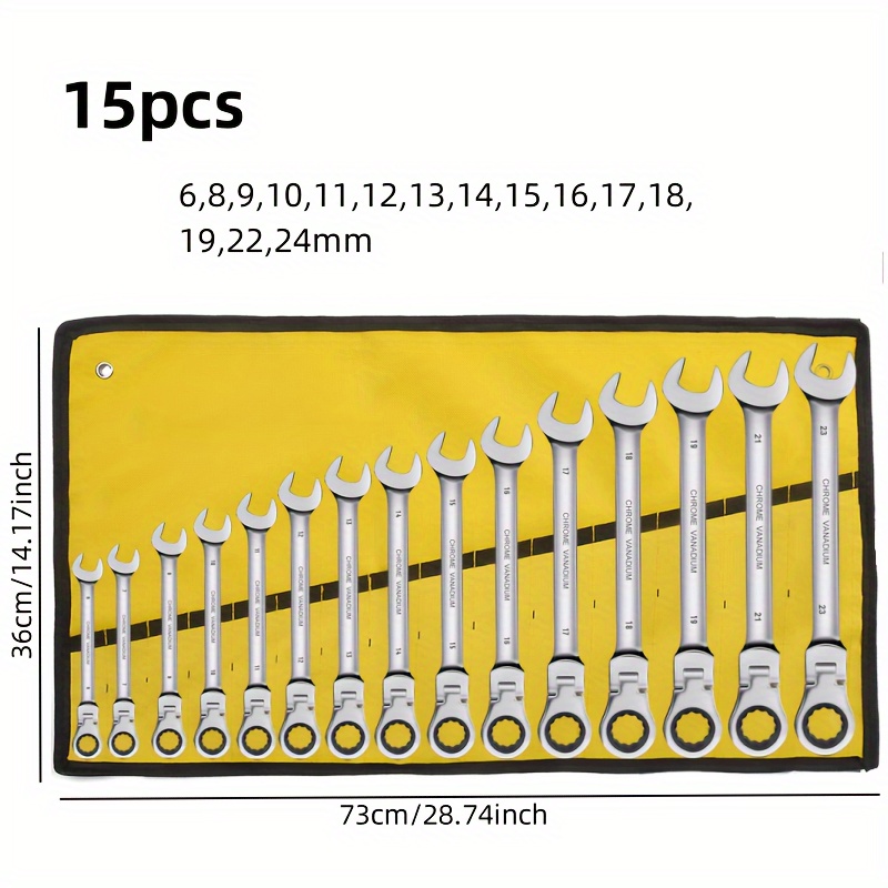 TEMU 15pcs Ratchet Wrench Set With Adjustable Heads – Durable Steel, Open-ended, 30° , Yellow Roll-up Pouch Included