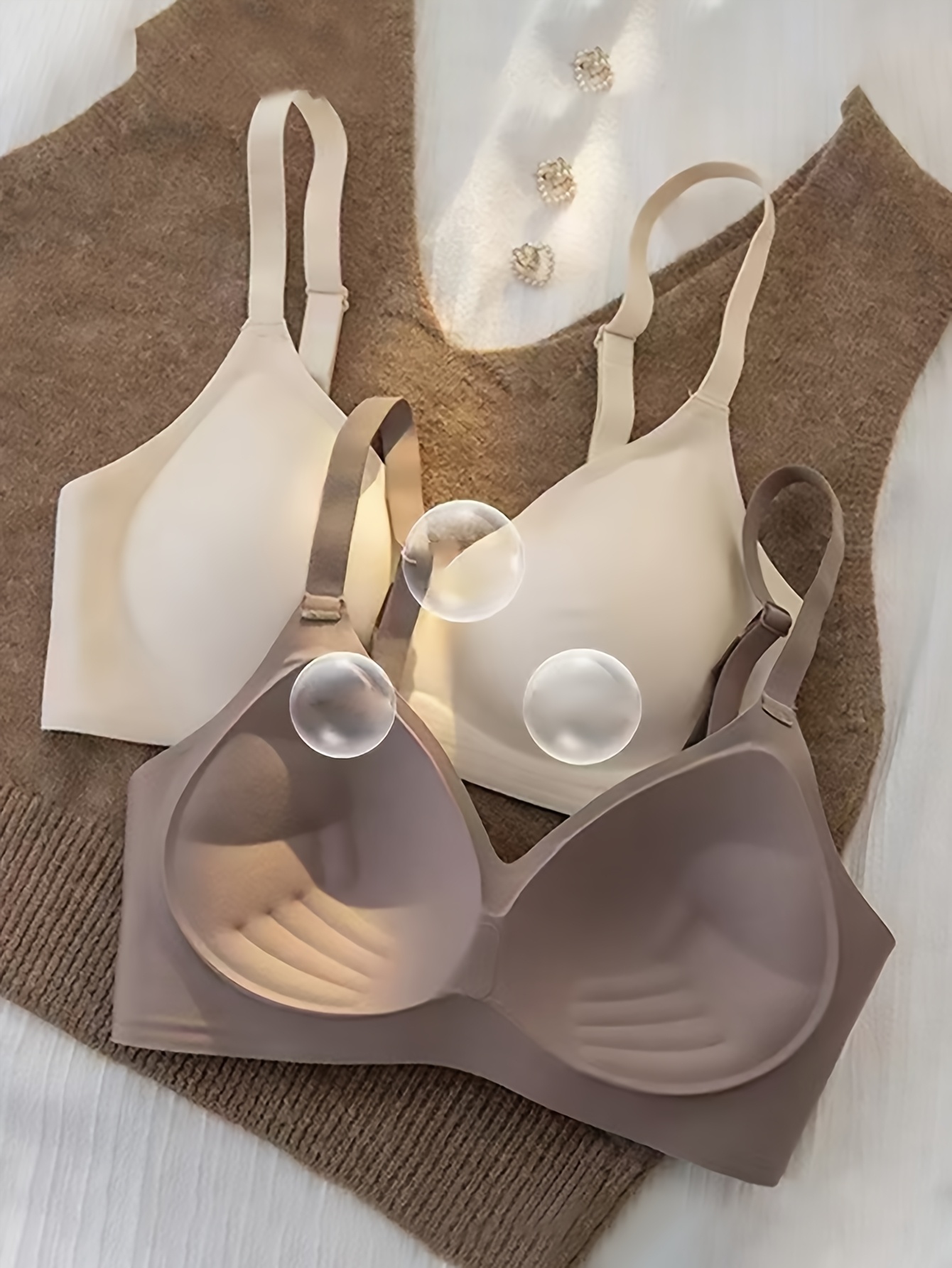 Women's Push-Up Bra with Palm Support Cups - No Underwire, Seamless Lift & Soft Uplifting Design for Small Chest, Adjustable Straps, Fan-Shaped Details, Beige, Hand Wash Only