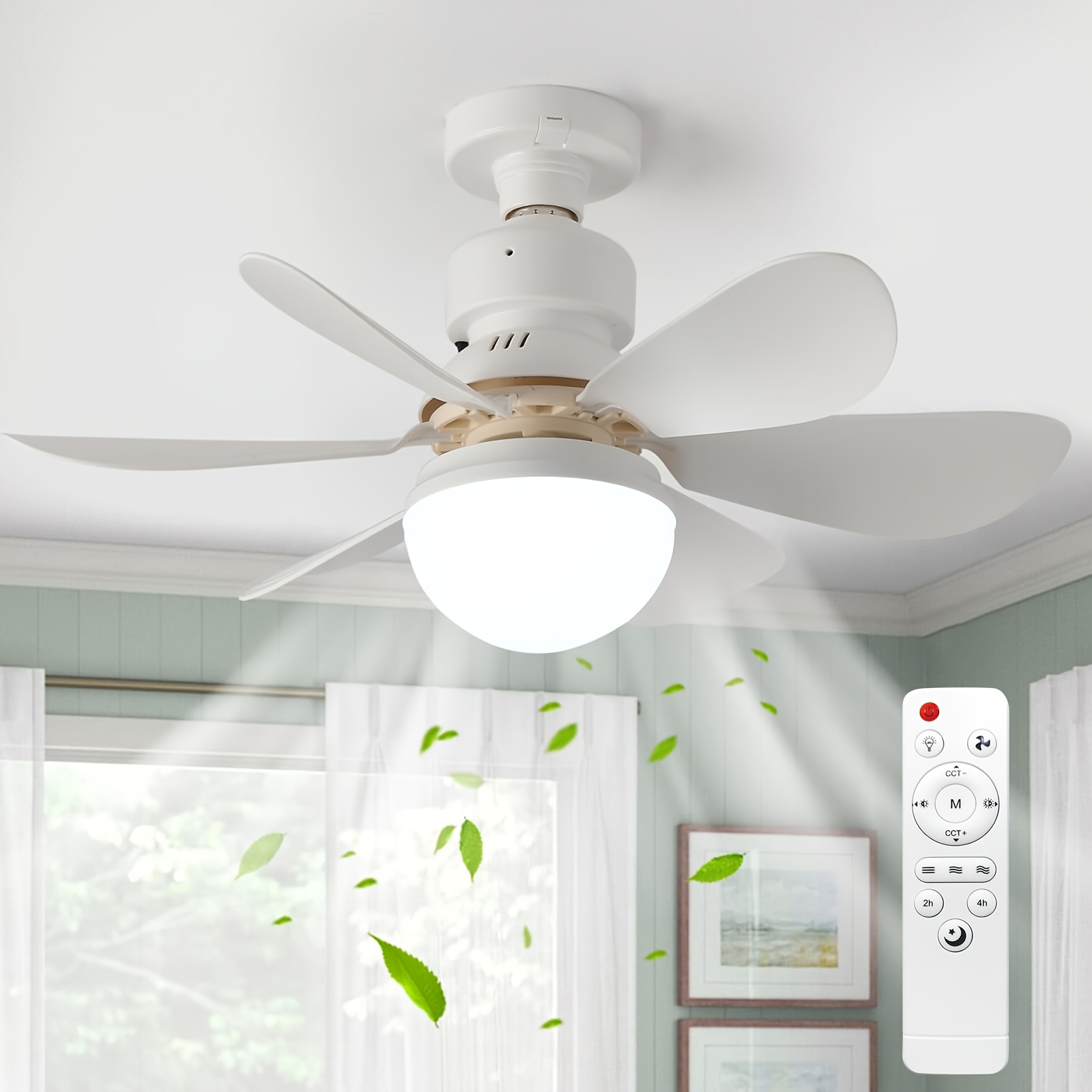 Ventilador de Techo con Luz y Control Remoto, Iluminación LED con Ventilador, 3 Velocidades de Flujo de Aire Silencioso y 3 Temperaturas de Color (3000K-4500K-6500K), Instalación Sin Herramientas + Temporizador, Ventilador de 6 Aspas E26/E27, Ideal para Dormitorio, Sala, Cocina, Garaje, Tiendas y