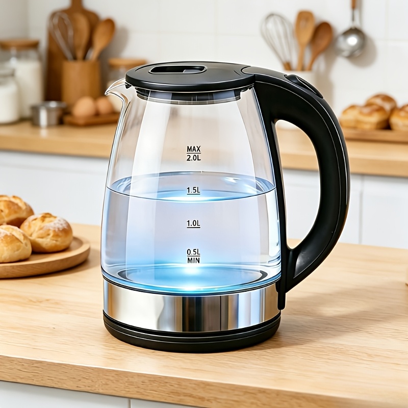 Electric Kettle (with Stainless Steel Inner Lid, Wide Mouth, 2 , Glass Teapot, Hot Water Boiler, Black)