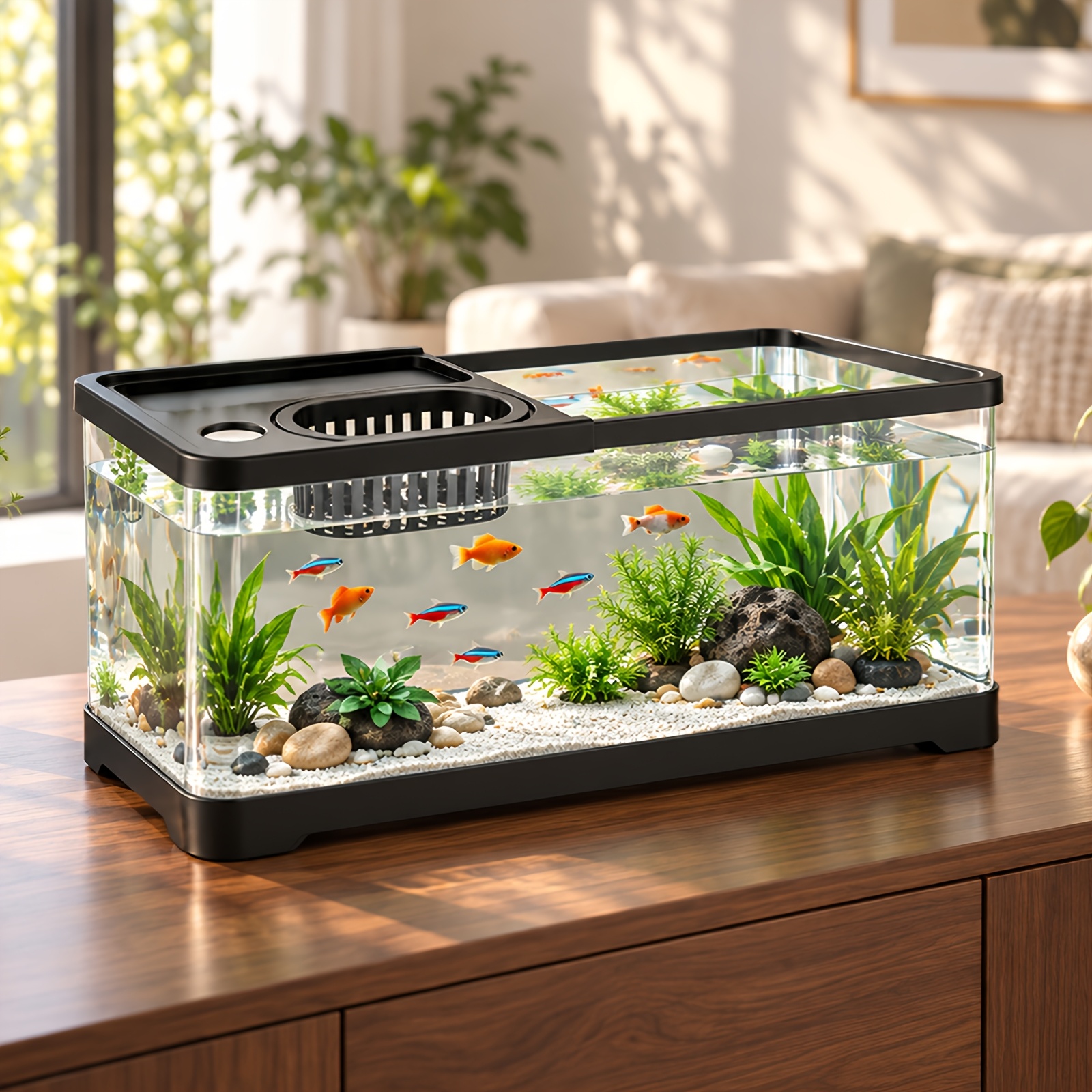 Image of High Aquarium Tank, Integrated Tank With Lid & Top Storage, Panoramic Side View, With 4 Accessories, As Material Fish Tank For Desktop, Living Room & Office
