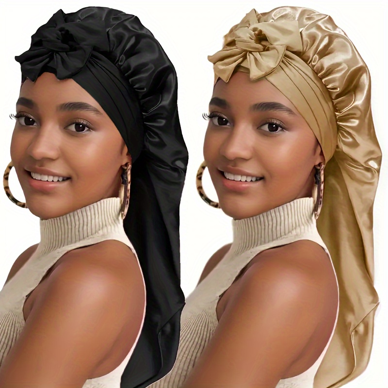 TEMU 2pcs Ztzi Extra Long Satin Sleep Caps For Hair Protection - Adjustable Tie Design, Soft 100% Polyester Shower Caps In , Comfortable & Stylish For Women