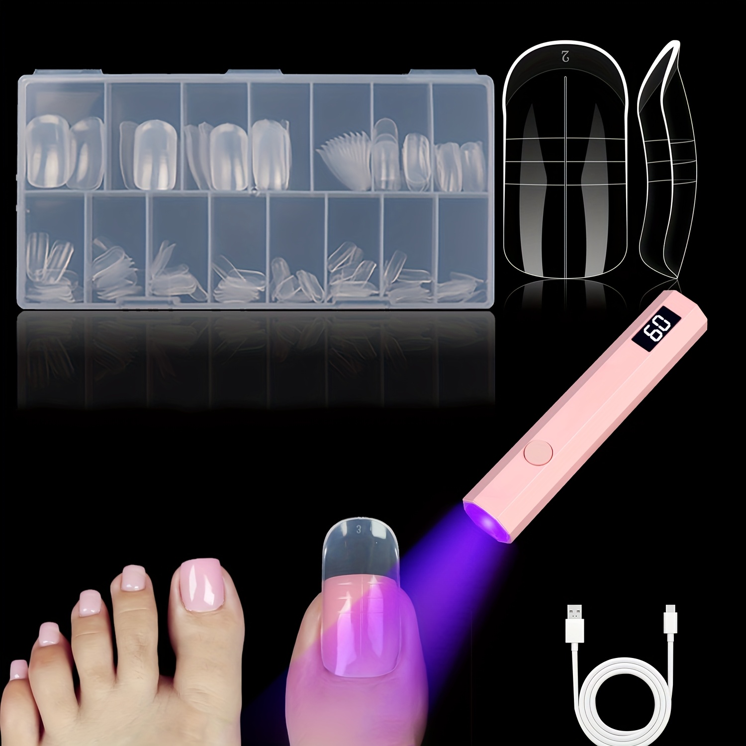 TEMU 150pcs Poly Gel Toenail Extension Molds And 1pc Nail Lamp With Led Display Combination Pack, , Easy Application, 15 Sizes