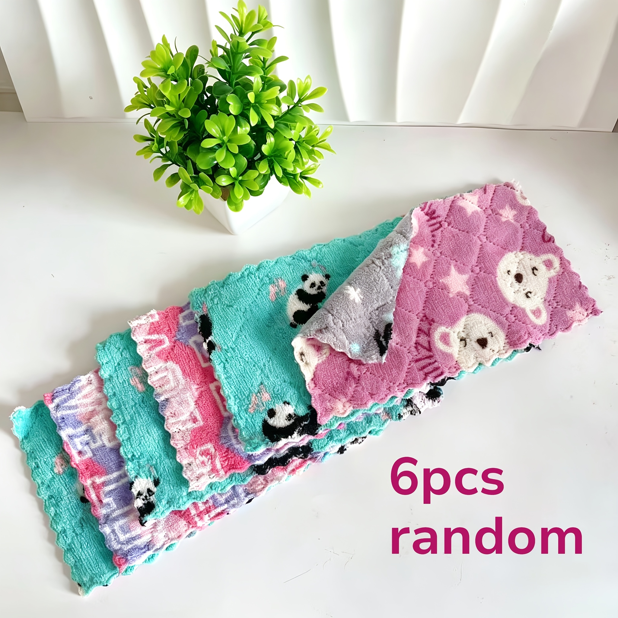 6pcs Random Color Contemporary Style Cartoon Themed Polyester Kitchen Towels, Super Absorbent, , Double-layer Thickened, Hand Wash , Fabric Cleaning Cloths For Dishes And Table, Size 10..3 Inches