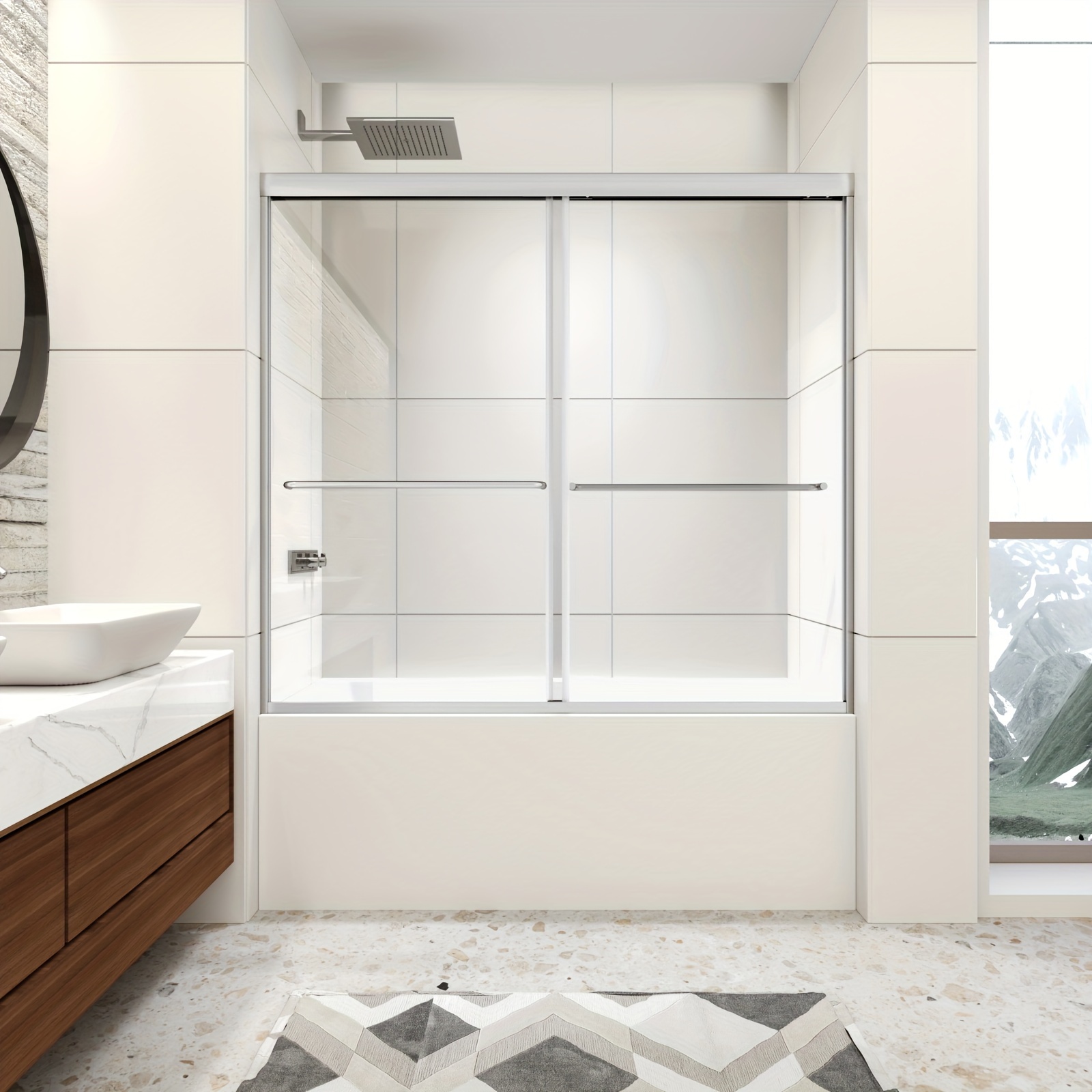 Sliding Tub Shower Door - 56-60" Adjustable Width, 58" H, 1/4" Tempered Glass, Black Frame
