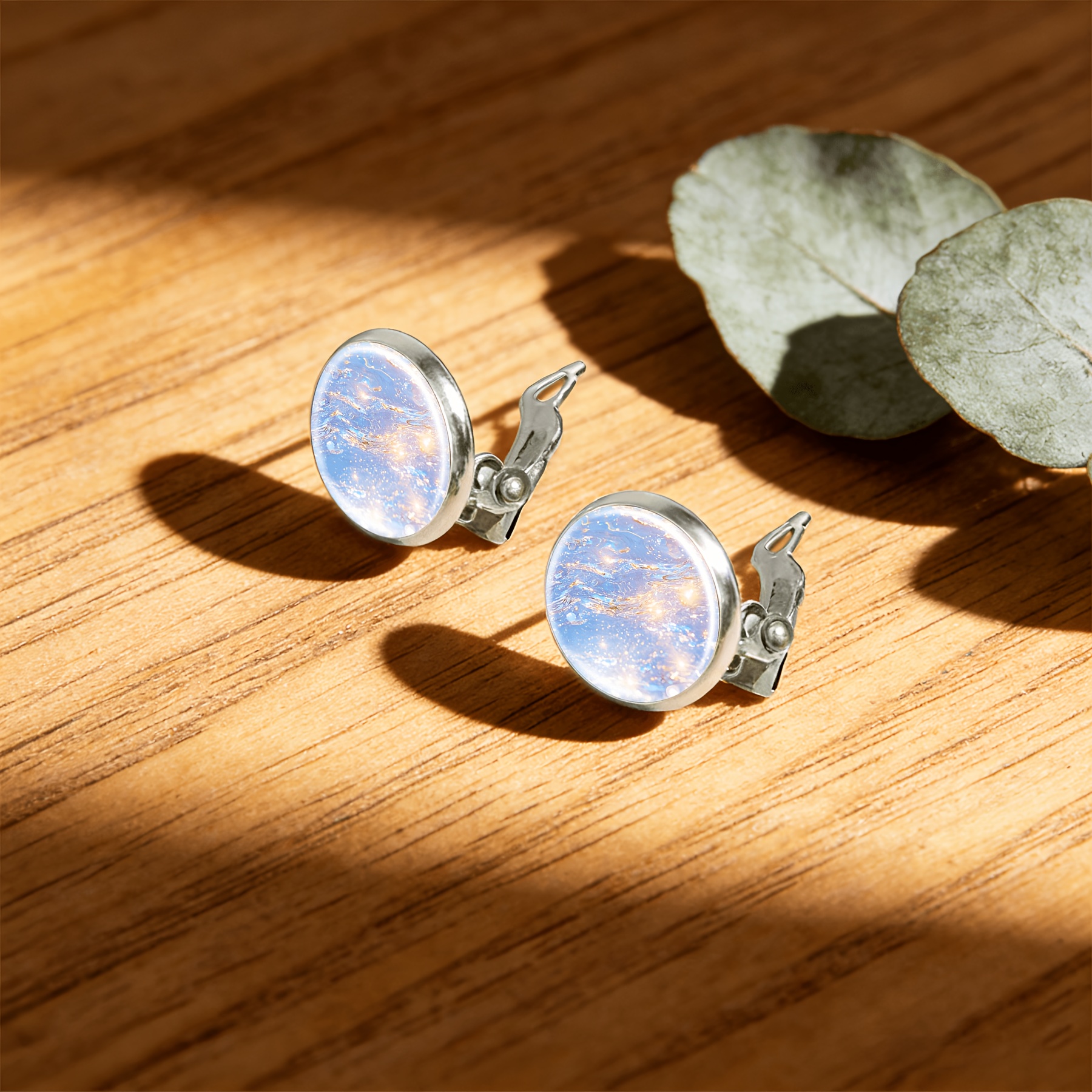 2pcs No-Piercing Round Glass Face Earrings Set, Colorful Shimmering Design