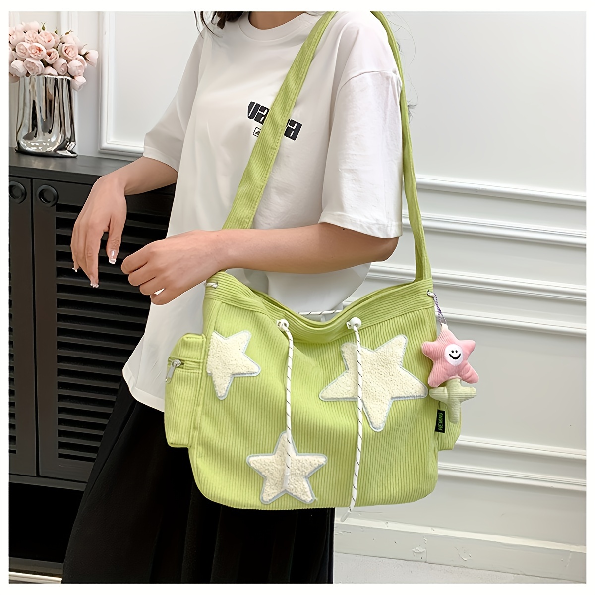 

Back To School Star Pattern Tote Hobo Bag, Casual Large Capacity Shoulder Bag, Cute Star Drawstring Design Crossbody Bag For Women Teen Girls School