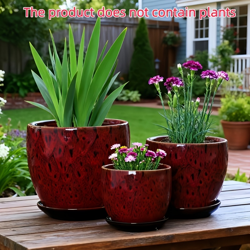 TEMU 2026 Spring New Arrival Plant Pots, 3pcs Set Red Glazed High-temperature Ceramic Flower Pots With Drainage Holes And Saucers, High-end Desktop