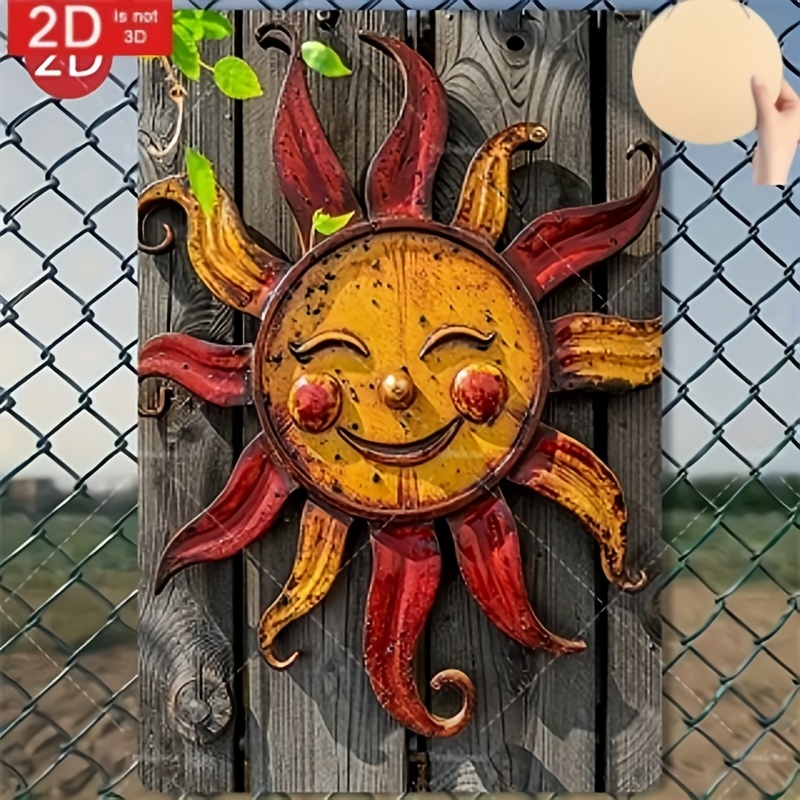 Image of 2d Flat - 1pc Rustic Sun Wooden Wall Art - Vibrant Red And Yellow Outdoor Garden Decor, Courtyard Ornament, With Design, Natural Texture, Perfect For Room Decor