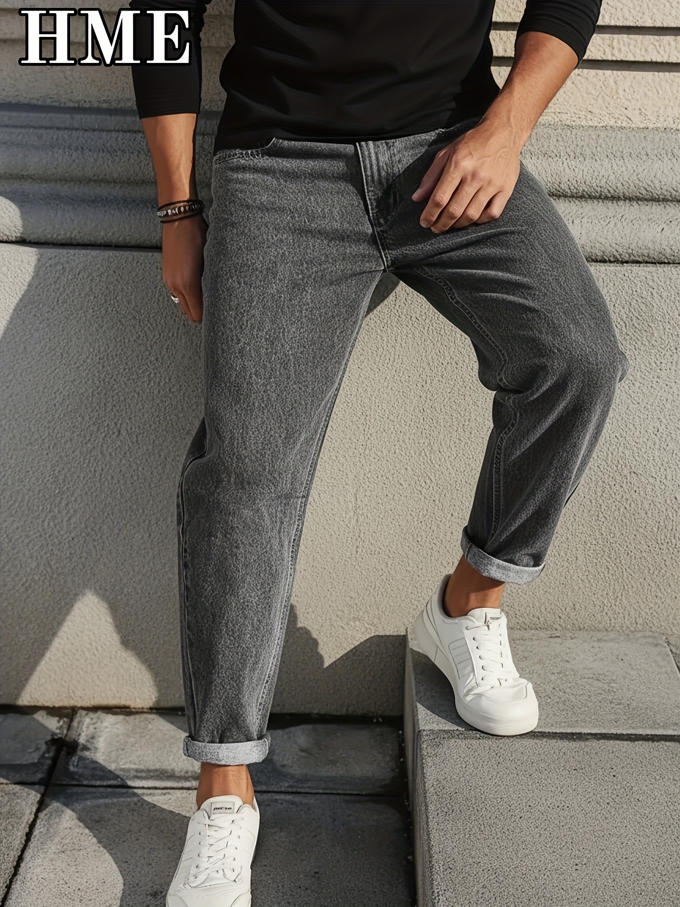 [HME] Minimalistiniai vyriški džinsai, snaigėmis plauti klasikiniai tamsiai pilki, trimatės kirpimo vidutinio juosmens tiesios kelnės, tinkamos tiek verslo, tiek laisvalaikio aprangai, būtini vyriški džinsiniai kelnes kasdieniam nešiojimui
