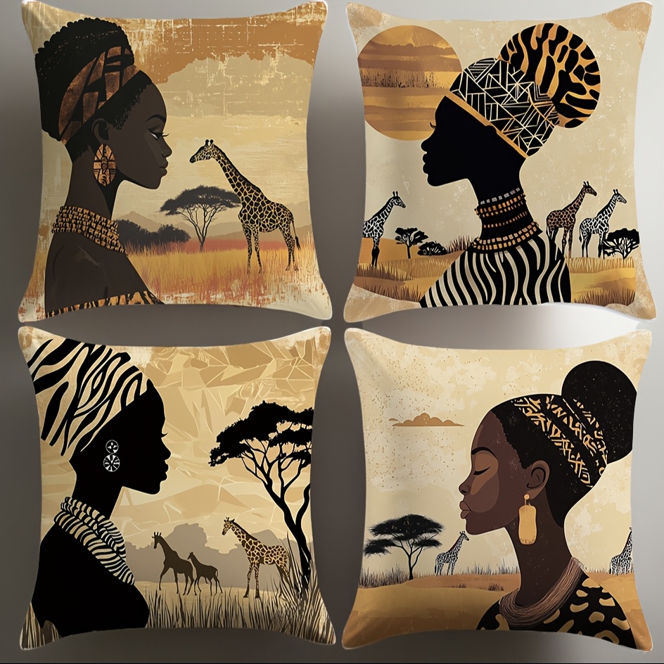 

4-pack African Theme Pillow Covers, 17.72x17.72 Inch, Contemporary Style, Hand Wash, Zipper Closure, Woven Polyester, Decorative Cushion Cases For Living Room Sofa And Bedroom Decor