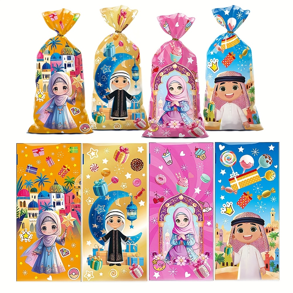 Image of 50pcs Festive Middle Eastern Gift Bags With Cute Cartoon Arabian Designs - Vibrant Plastic Pouches For , Party Favors, And Cultural Themed Events, Ramadan