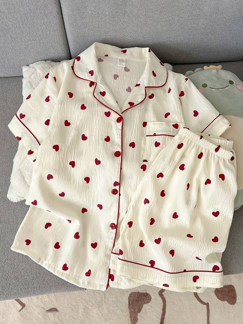 2pcs womens pajama set heart shaped cute collared button up short sleeve top and comfortable shorts elegant womens summer sleepwear set