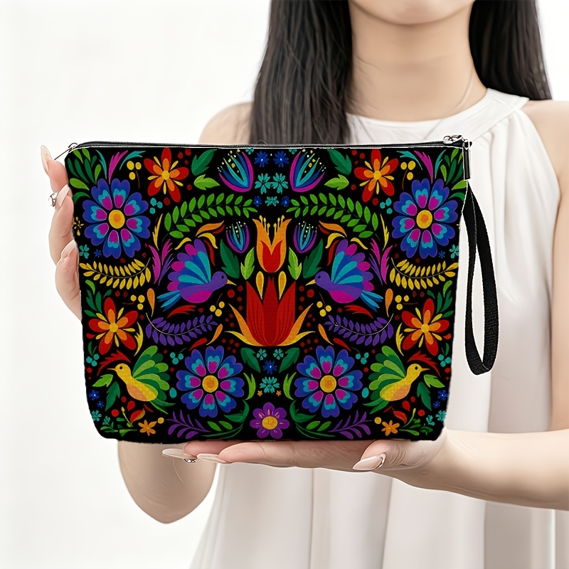 Image of 1pc Mexican Black And Polyester Cosmetic Bag, Floral And Greenery Design, Suitable For Holiday Outdoor Travel And Daily Use Zipper Bag, Perfect Gift For Ladies, 6.7inch X 9.9inch
