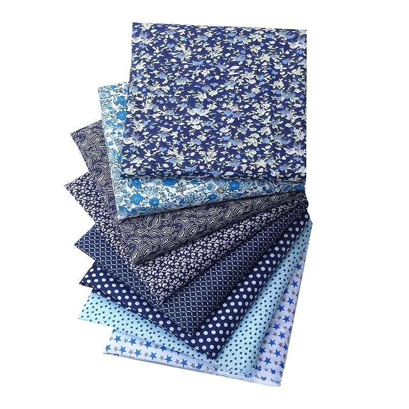 TEMU 8pcs Per Pack Of Dark Blue Patchwork Fabric Set With Plain Floral Patterns, Small Floral Dots For Projects, Made Of 100% Polyester