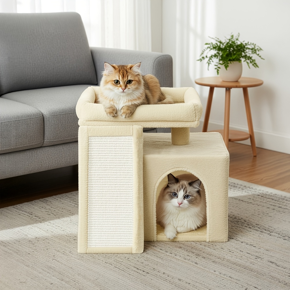 Image of Small Scratching Post, Cat Tree With Scratching Ramp And Large Platform, Cat Scratching Tree With Cave, 46.4cm High