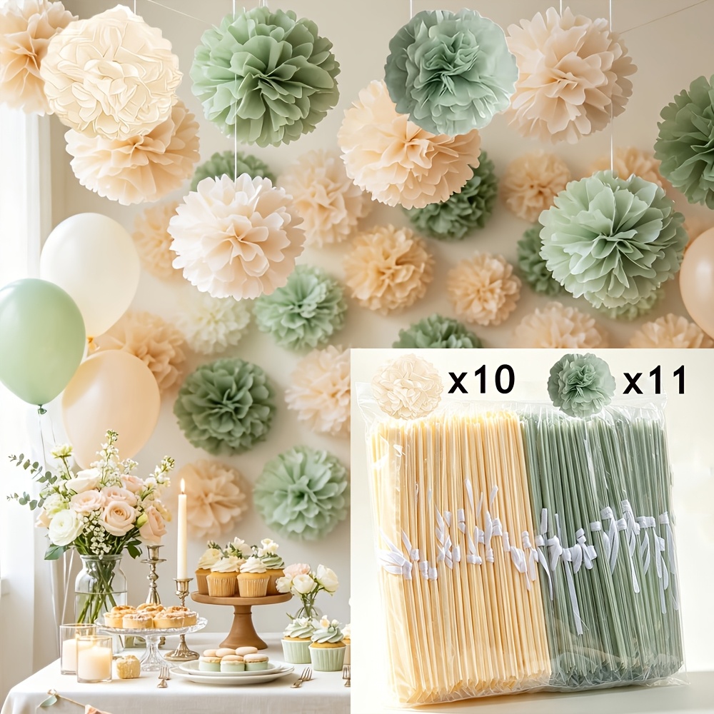 TEMU 21pcs Tissue Paper Pom-pom Set, Sage Green And Champagne Hanging Flower Balls For Bridal Shower, Home Decor, Large Banquet, Birthday Party,
