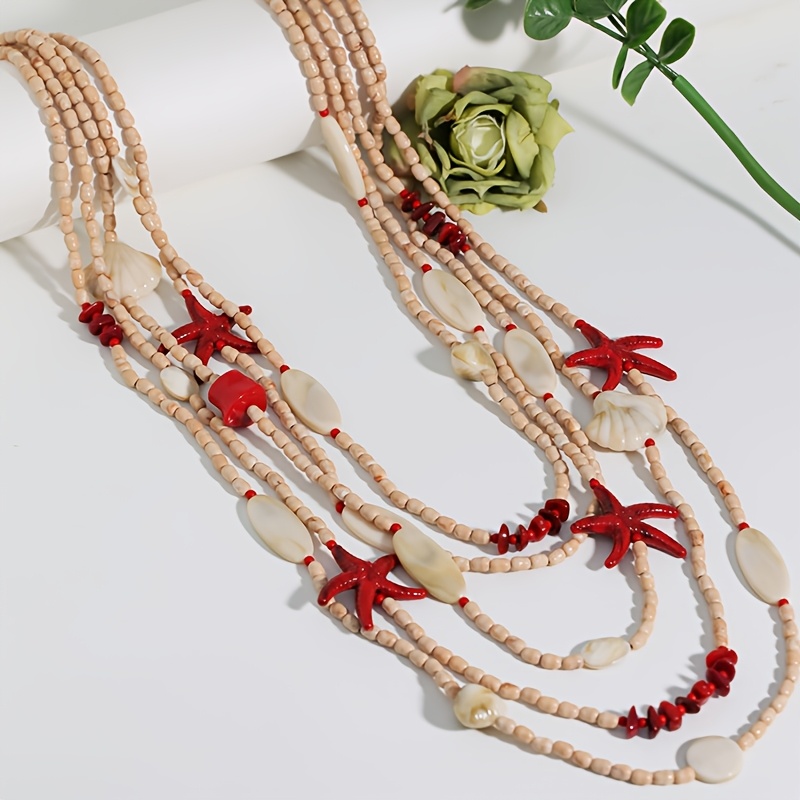 Bohemian Starfish & Seashell Multi-Layer Necklace, Vacation Style
