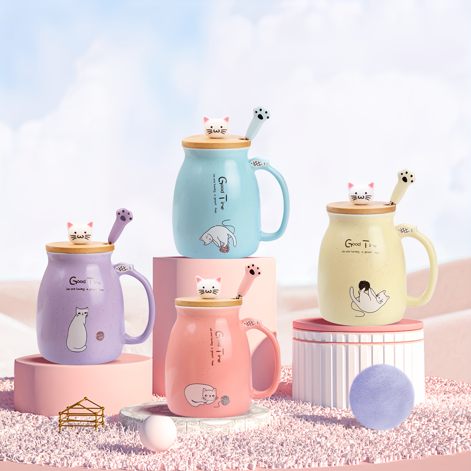 Temu 1pc Cute Ceramic Cat Mugs With Lids Or Coaster Novelty Lovely