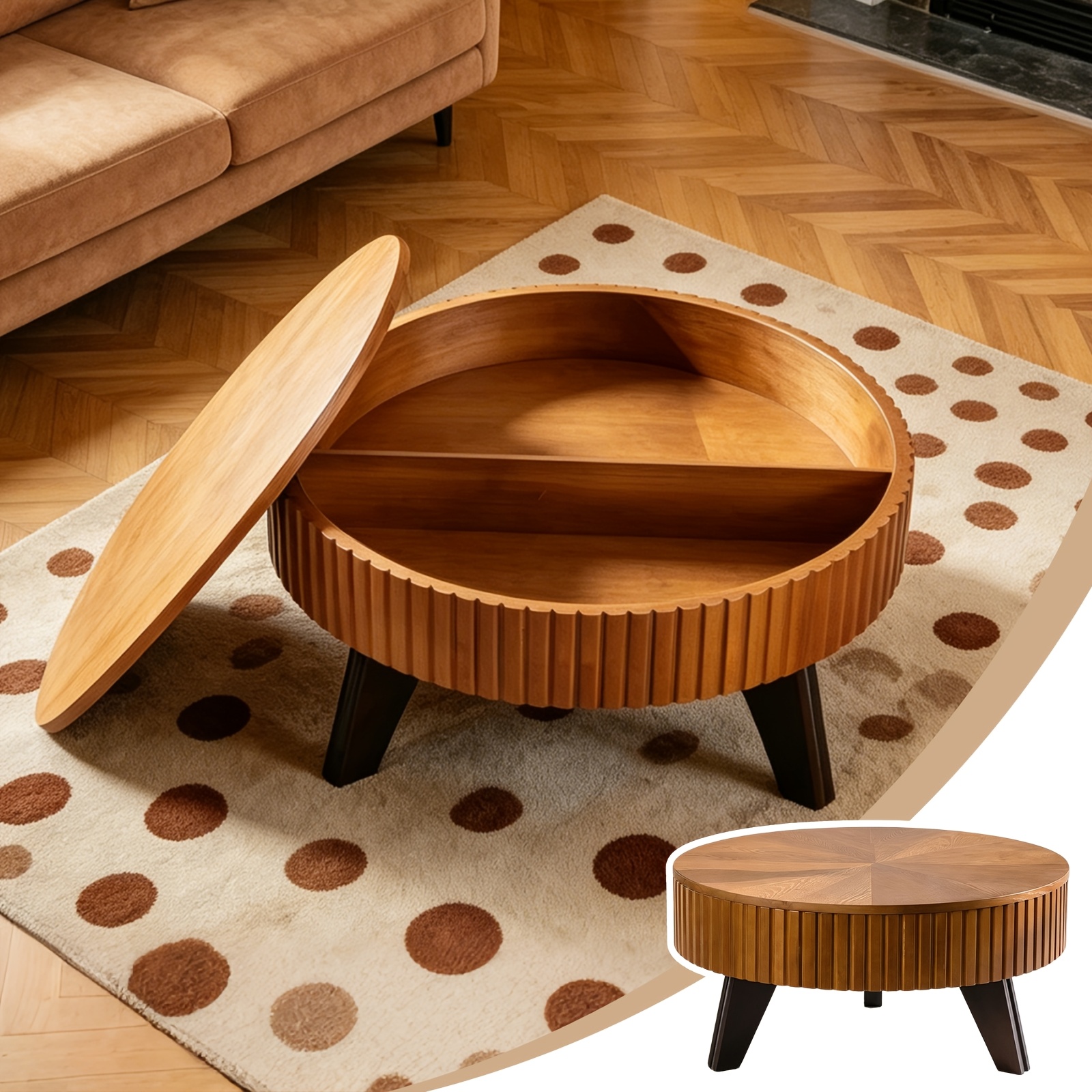 Vintage Style Storage Round Coffee Table Living Room Home Vertical Stripe Retro Coffee Table Small Apartment Storage Side Table