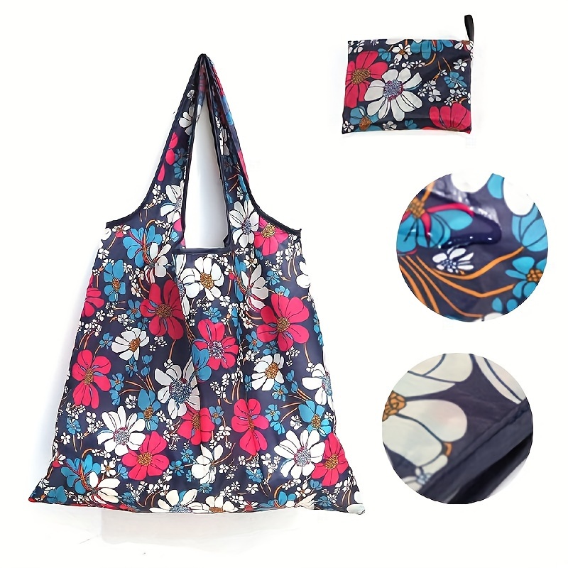 

1pc Navy Blue Floral Shoulder Bag, Versatile & Foldable Shopping Tote For Women, Grocery Handbag