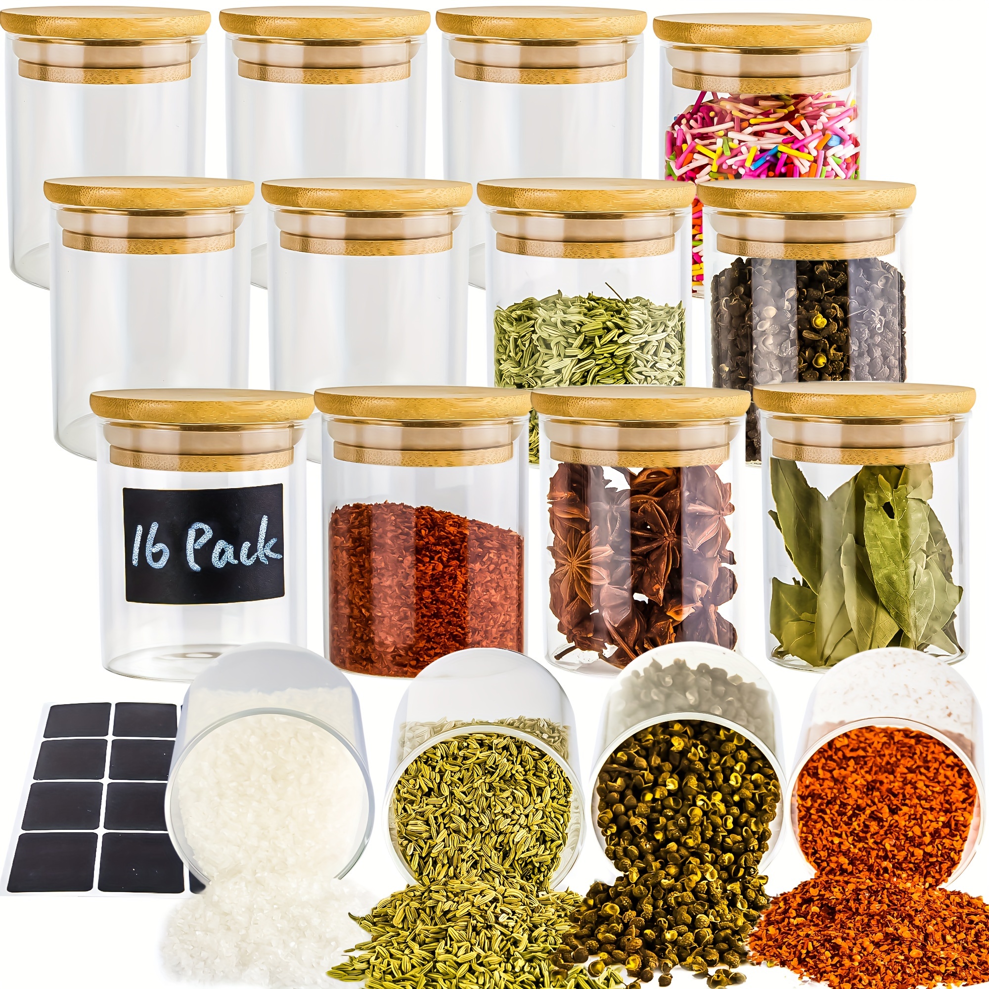 

[16 Pack] 6.5 Oz Glass Jars With , Spice Jars Set With Bamboo For Spice, Beans, Candy, Nuts, Herbs, Dry Food Canisters With Extra Chalkboard Labels