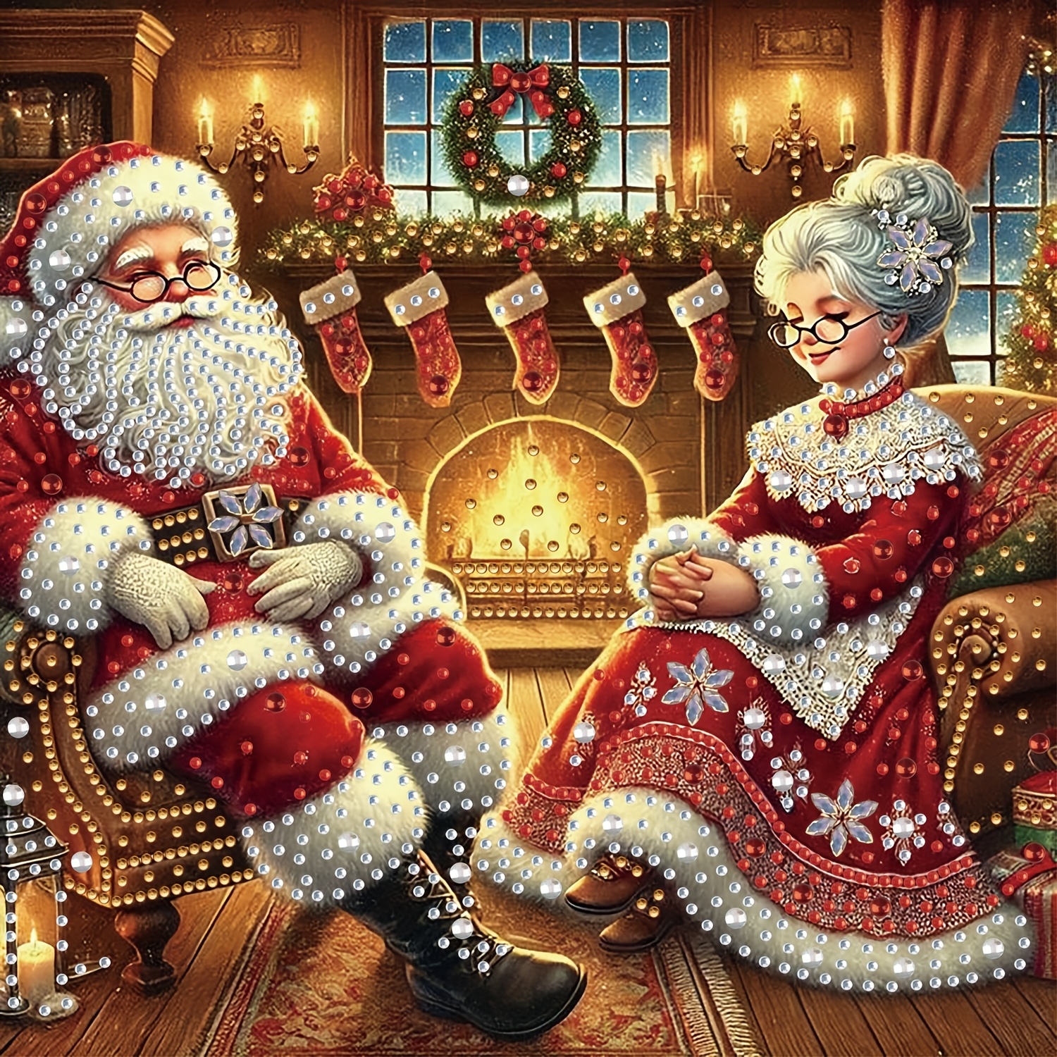 TEMU Un kit de peinture diamant avec des comme des chaussettes et une cheminée, créant une ambiance de Noël chaude. Ce kit comprend des de