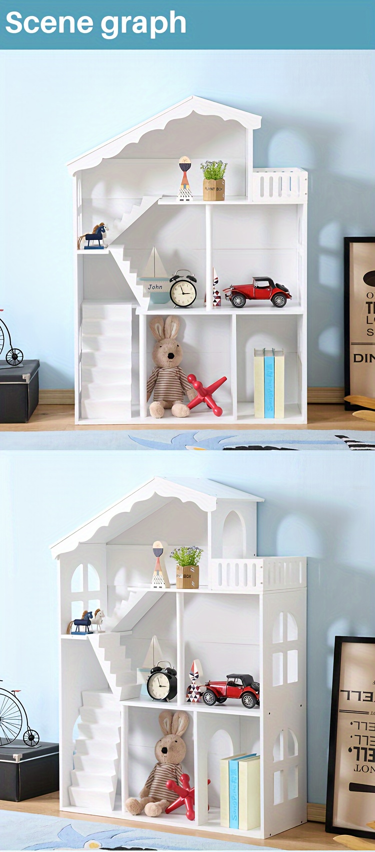Wooden 3-Tier Doll House Bookshelf, White Kids Toys Storage Organizer, All-Season Playroom Nursery Shelves, Ideal Gift for Ages 3-8, Boys & Girls Bedroom Decor