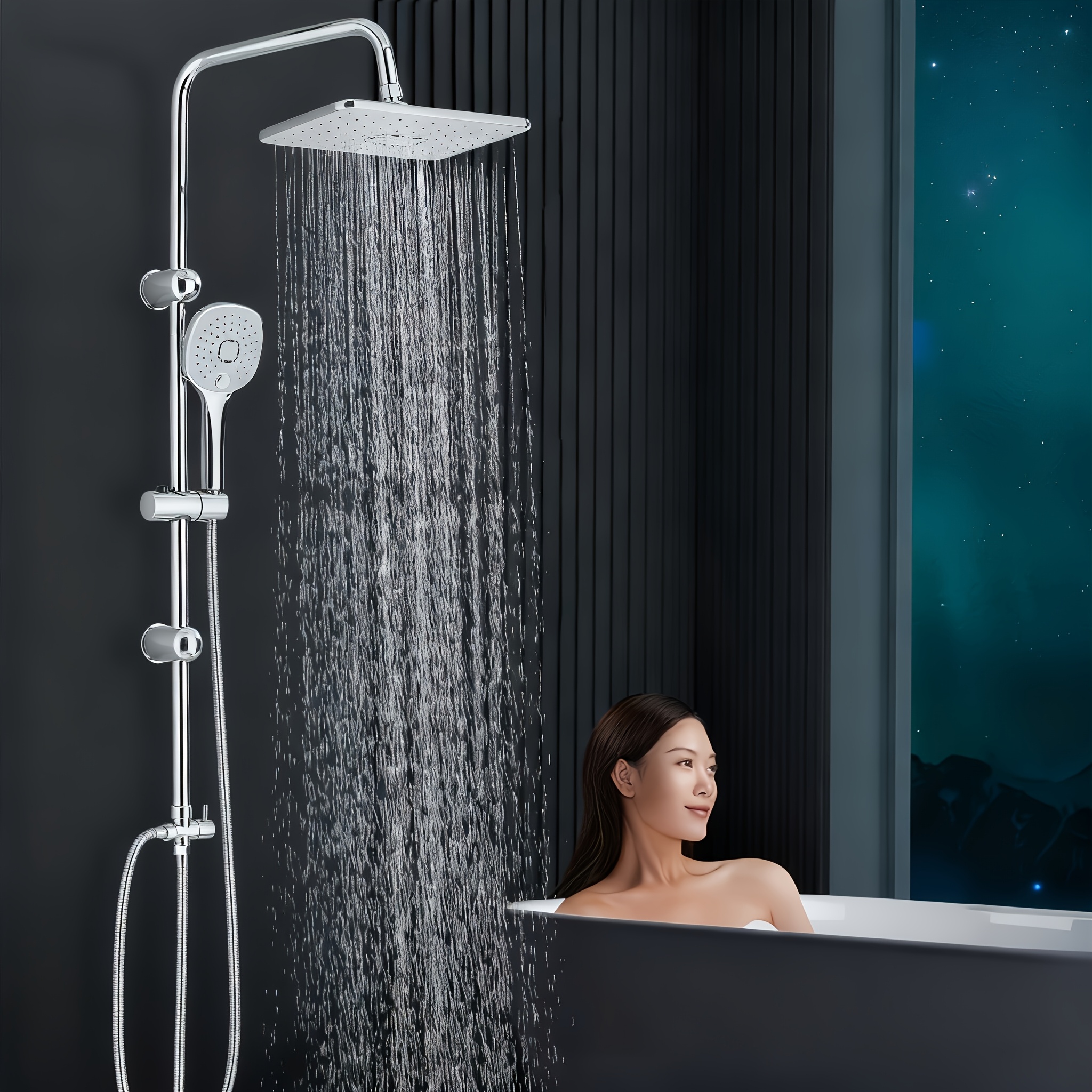 E-shop Regendusche-Duschsystem ohne Armaturenbrett, verchromte Duscharmatur, Komplettset, Brausestange mit Duschkopf, Schlauch Halterung, mit 3