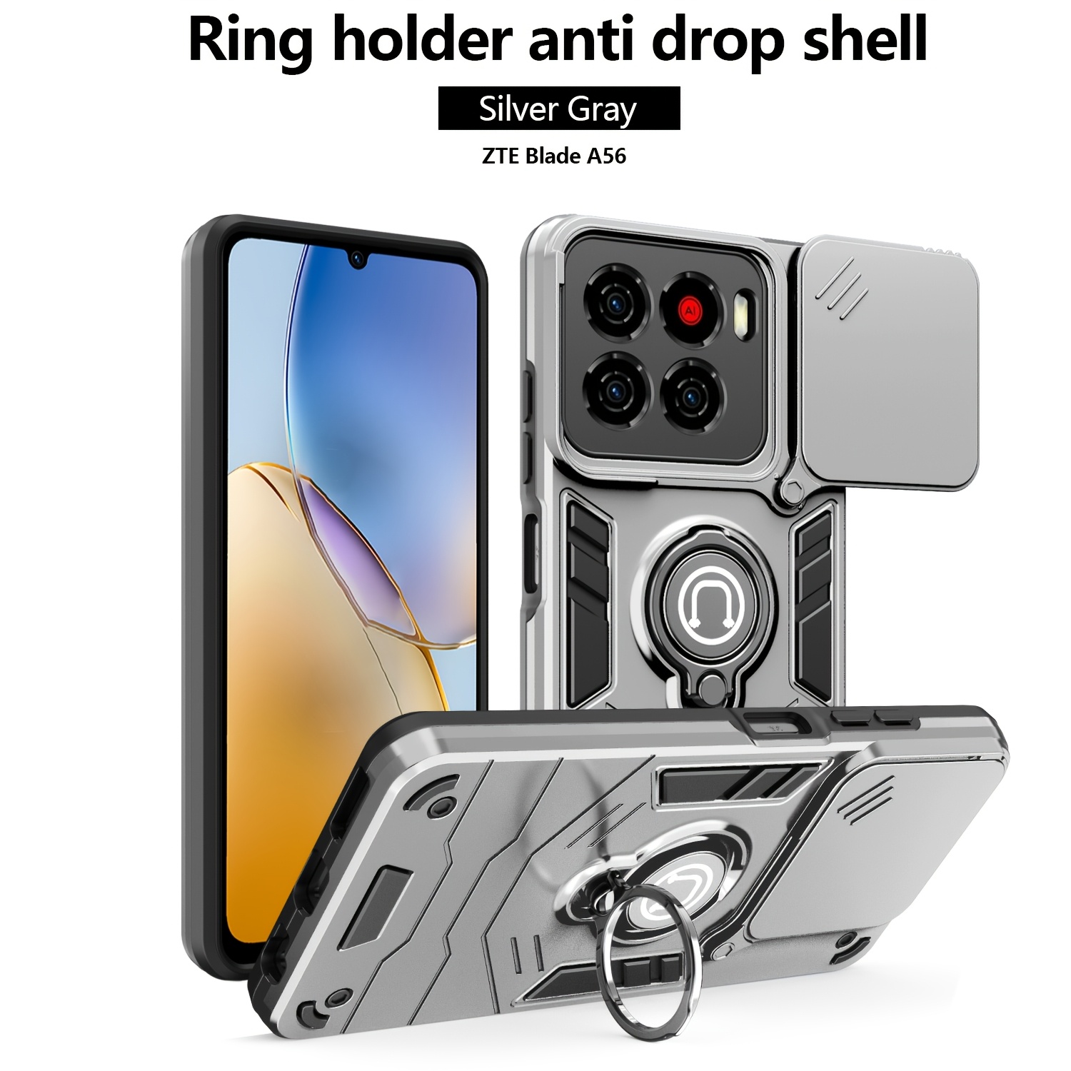 TEMU Phone Case - Suitable For Zte Blade A56 4g Mobile Phone Case, Built-in Sliding Camera Cover And Ring