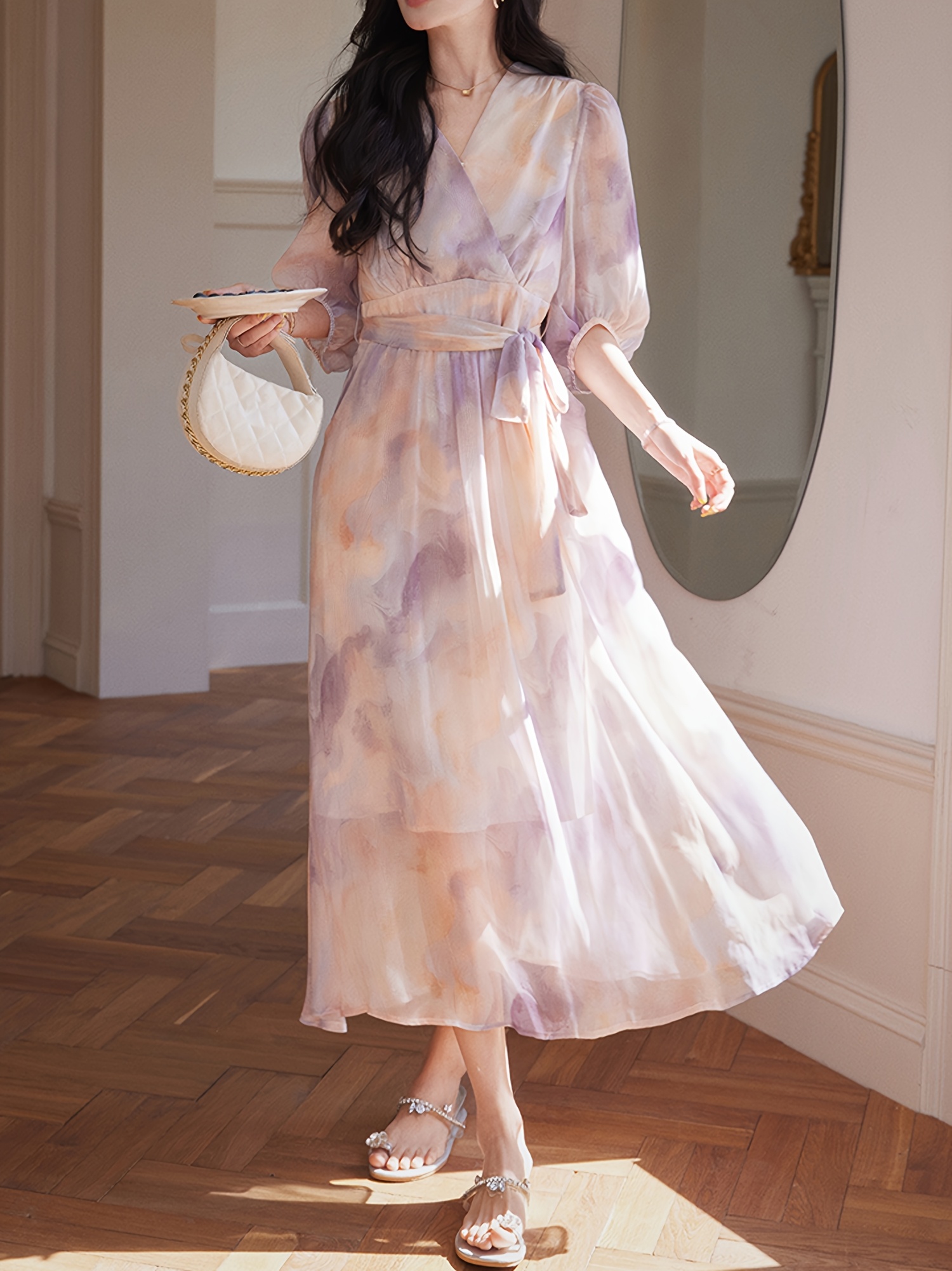 * Lace-Up Midi Dress, Stunning Purple Ombre High-End Dress for Women,  Summer * * Waist-Cinching * Gentle Style Midi Floral Print Dress for Women