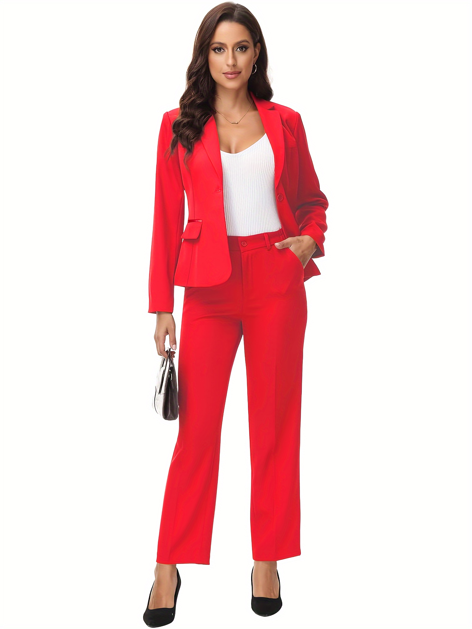 Women'S Plus Size Formal Elegant Suit Two Piece Set Closure With Chest  Pocket Single Split Suit Jacket, Elastic Waist Straight Style Suit