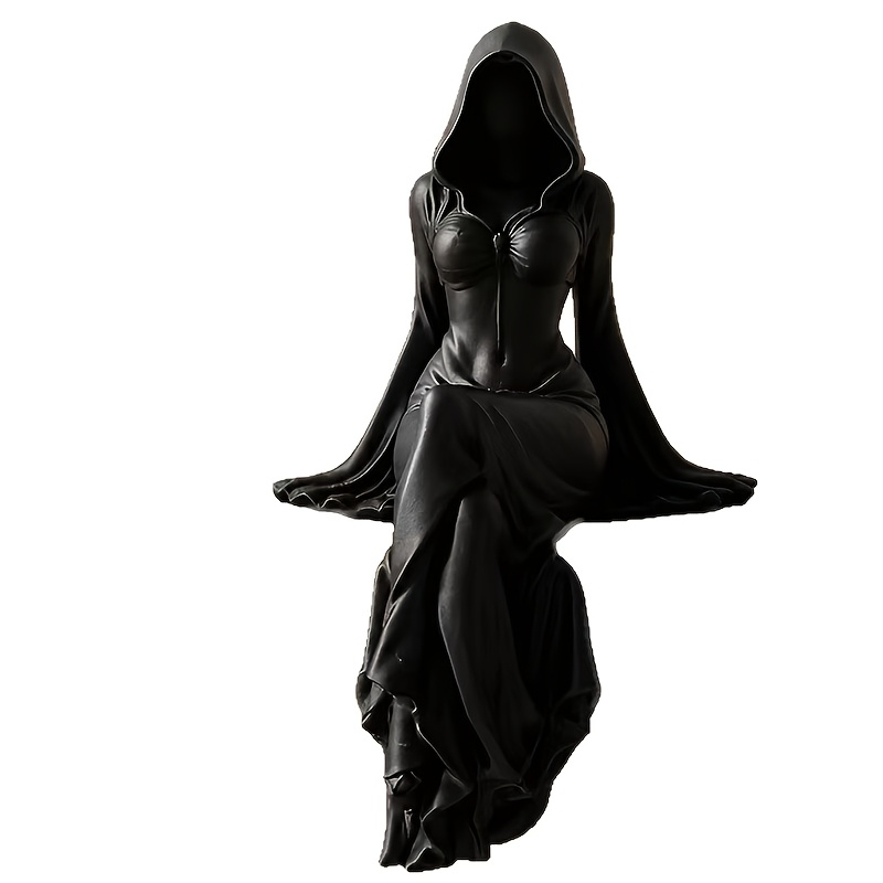 TEMU 3d Printed Gothic Lady Of Death Statue - Faceless Hooded Figure With Matte Black Finish & Natural Dress Drapes, Plastic Seated Desktop Ornament