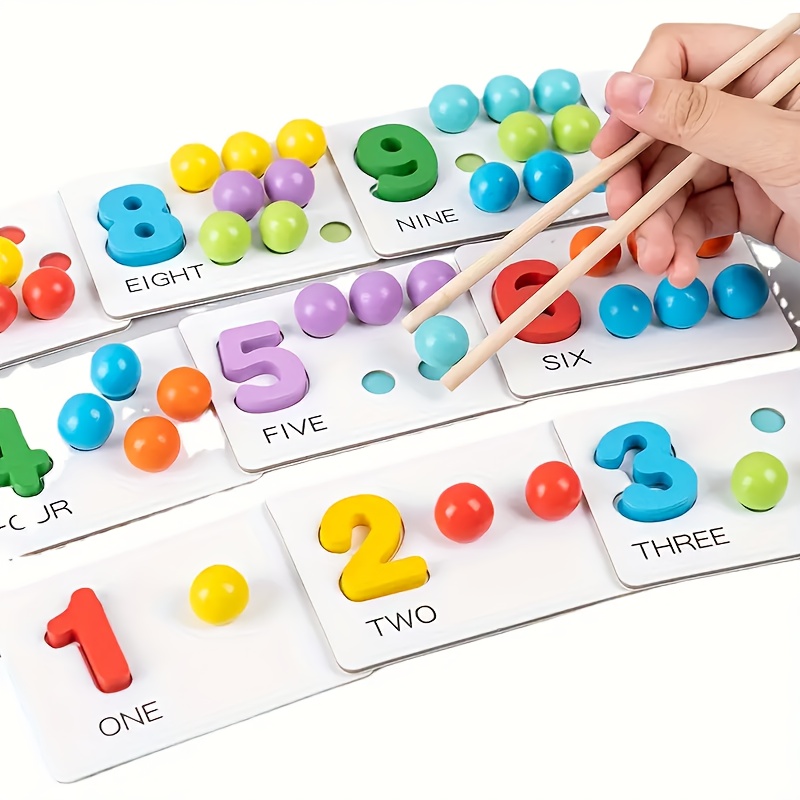 Wooden Arithmetic Bead Game with Tweezers and Cards