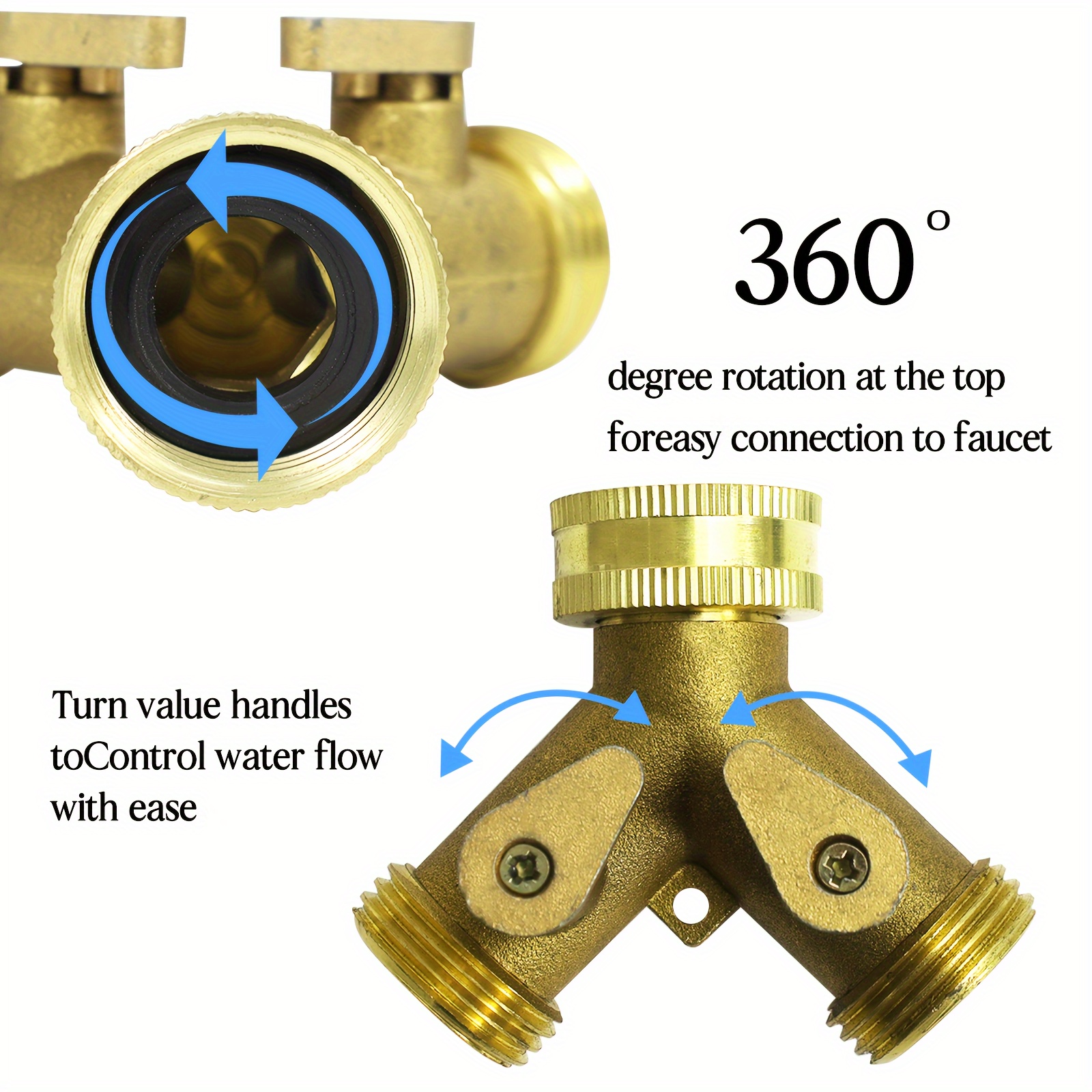 Garden Hose Splitter 2 Way - Heavy Duty Solid Brass Hose Y Splitter，Hose  Faucet Splitter,3/4 Brass Hose Adapter Connectors Shut Off Valve, Hose